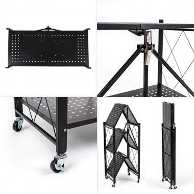 Стелаж мобільний триярусний універсальний розкладний з нержавіючої сталі 89х72х34см Чорний SW-00002097