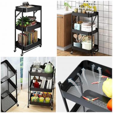 Етажерка мобільна триярусна універсальна з металу 46,5х29х77,5см Чорна SW-00002099
